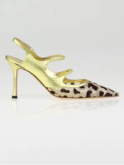 Manolo Blahnik Gold Metallic & Leopard Print Pumps Pointed Toe Heels Size 38